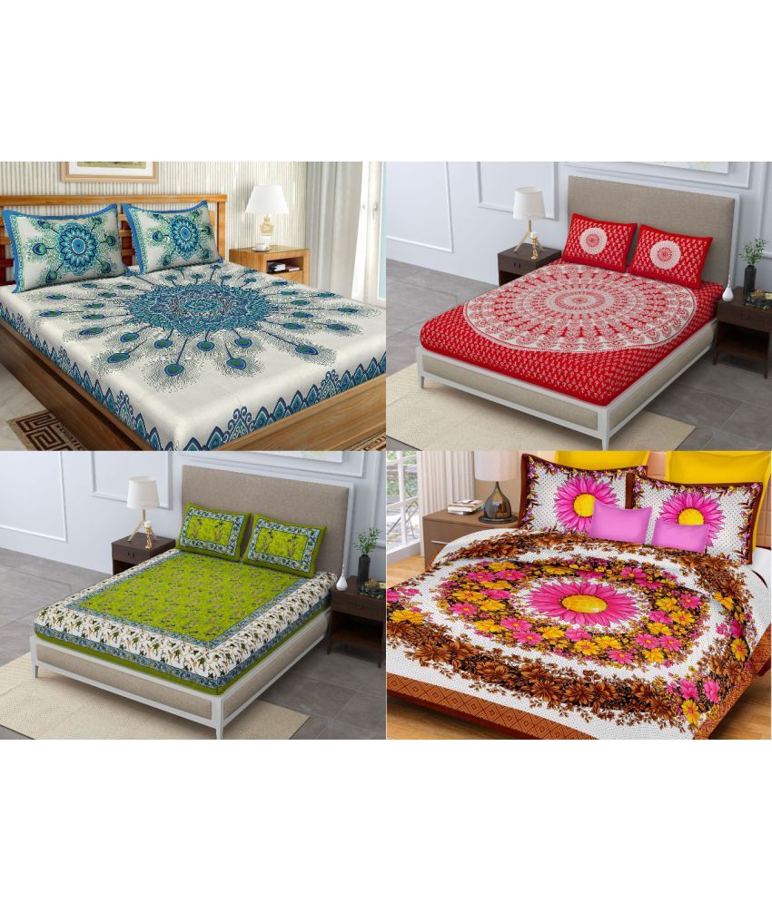     			Uniqchoice - Multicolor Cotton 4 Double Bedsheets with 8 Pillow Covers