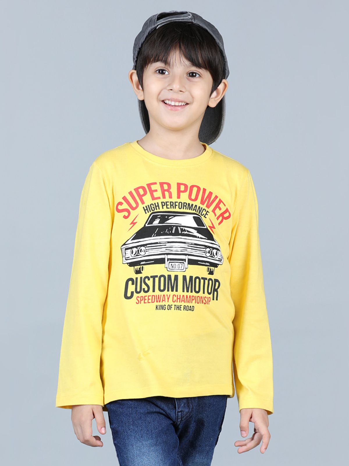 UrbanMark Junior Boys 100% Cotton Chest Printed Full Sleeves T Shirt - Yellow