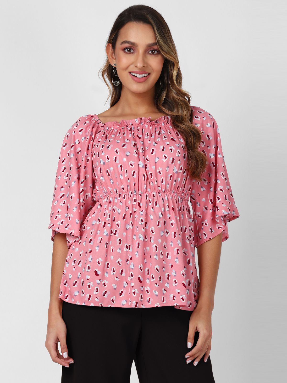     			UrbanMark Women Square Neck Printed Ruffle Top with Flared Sleeves - Peach