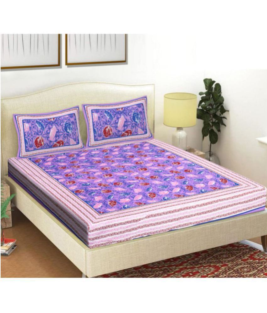     			Frionkandy Cotton Nature Printed Double Bedsheet with 2 Pillow Covers - Purple