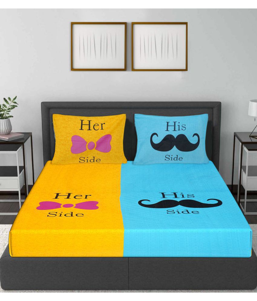     			HOMETALES Cotton Typography Double Bedsheet with 2 Pillow Covers-Yellow