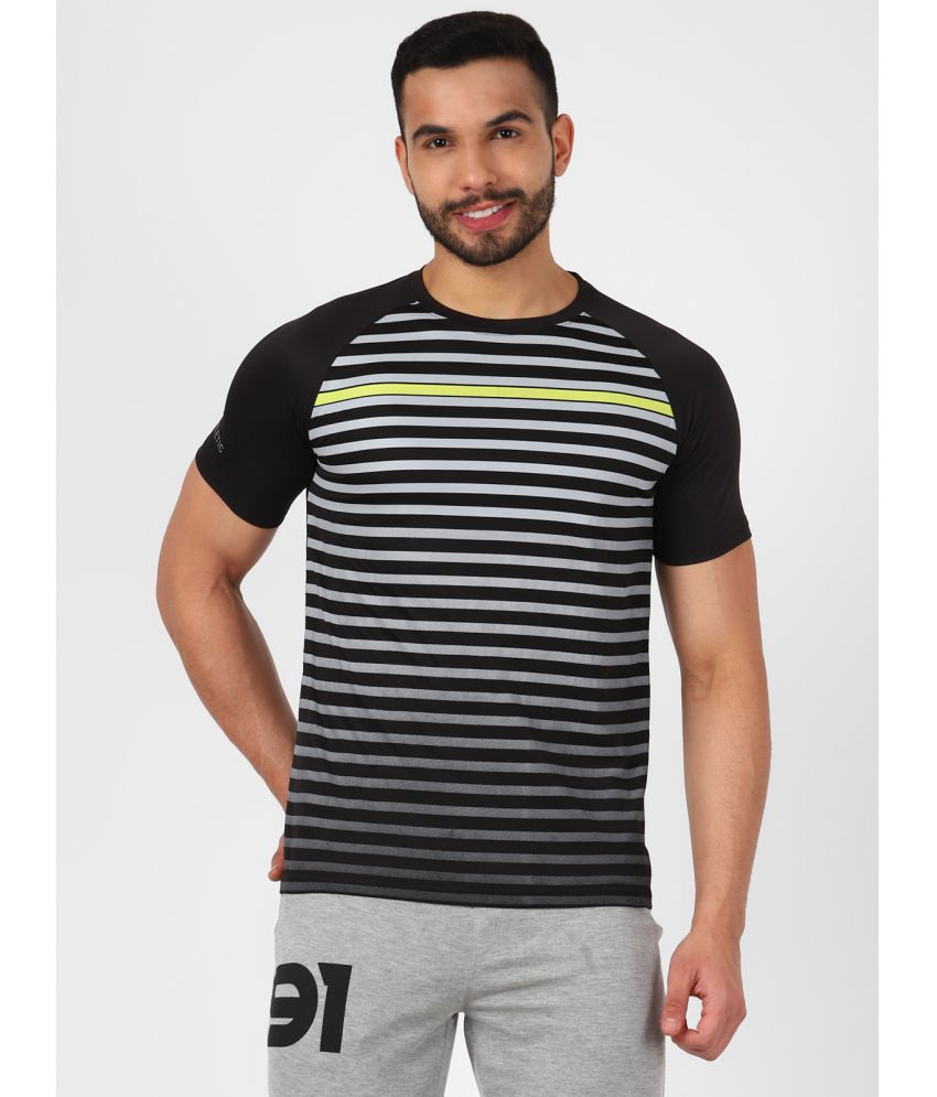     			FITMonkey Men Regular Fit Quick Dry Sports Round Neck Half Sleeves Striped T Shirt-Black
