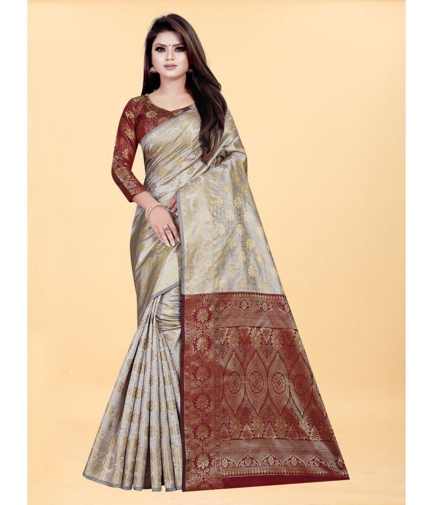     			Gazal Fashions - Grey Banarasi Silk Saree With Blouse Piece ( Pack of 1 )