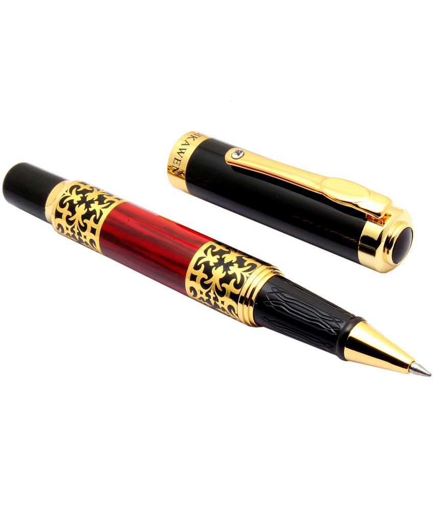     			Srpc Dikawen Royal Red Wood Textured Metal Body Golden Trims Blue Ink Refill Roller Ball Pen