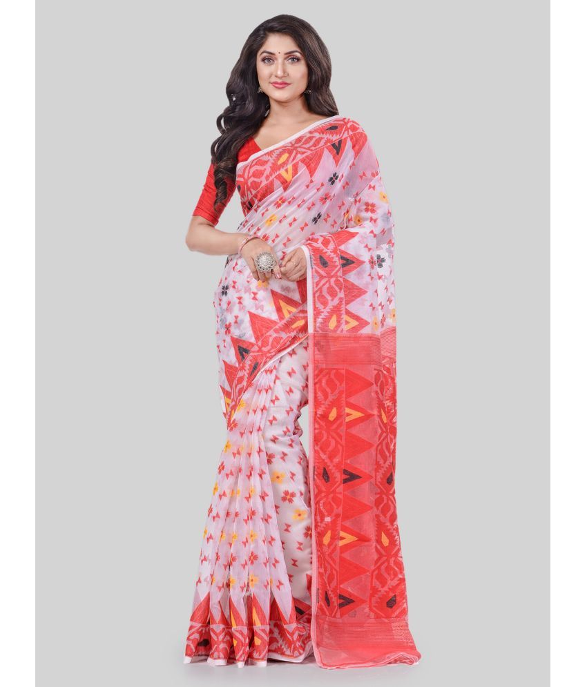     			Desh Bidesh - White Cotton Saree Without Blouse Piece ( Pack of 1 )