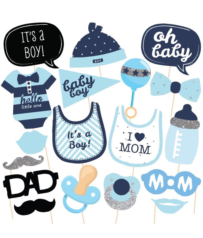     			Zyozi  Hello Little One - Blue and Silver - Boy Baby Shower Photo Booth Props Kit ,New Born Decoration Props - 18 pcs