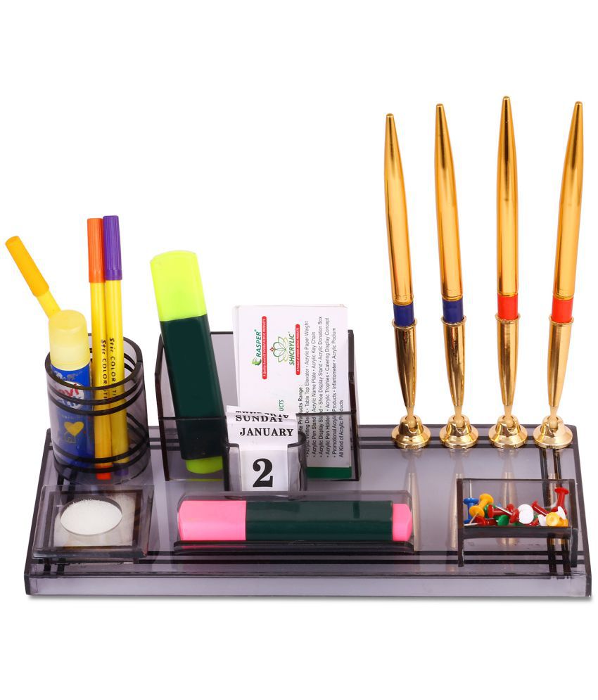     			Rasper Acrylic Pen Stand Table Top With 4 Pen Holder And Visiting Card Holder Multipurpose Desk Organiser Pen Holder For Office Table (11x5 Inches)