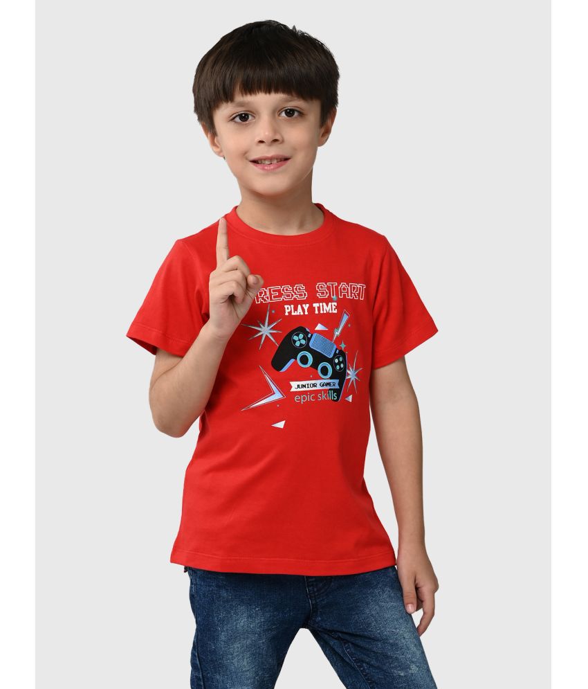 UrbanMark Junior Boys 100% Cotton Chest Printed Half Sleeves T Shirt - Red