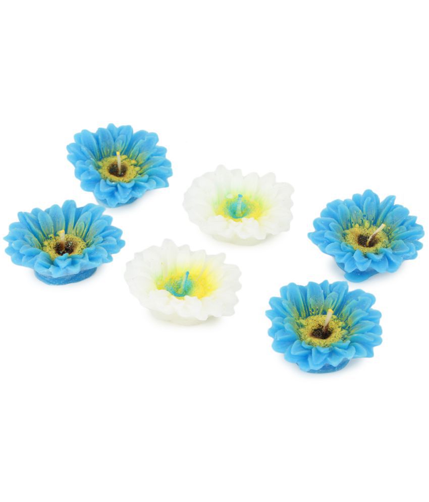     			HOMETALES - Blue & White Unscented Flower Shaped Floating Candles (6 Units) - 2 Hours Burn Time