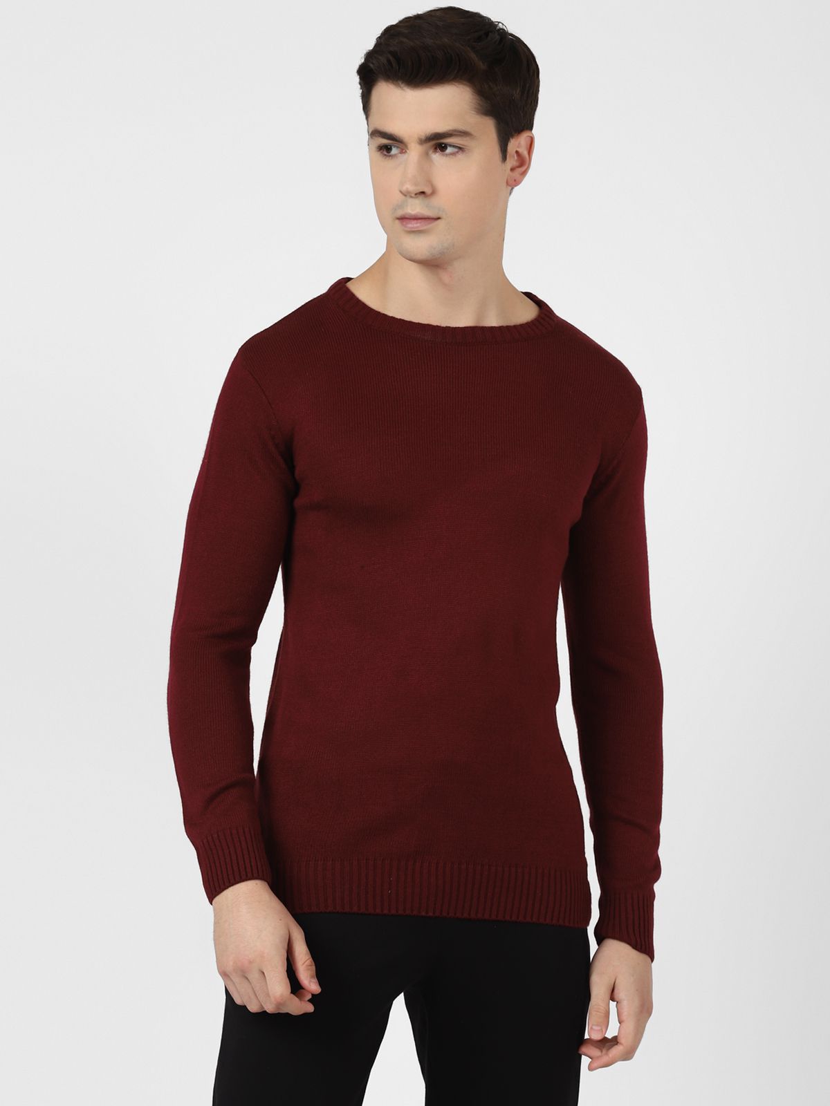     			UrbanMark Men Regular Fit Round Neck Full Sleeves Solid Pullover Sweater-Maroon
