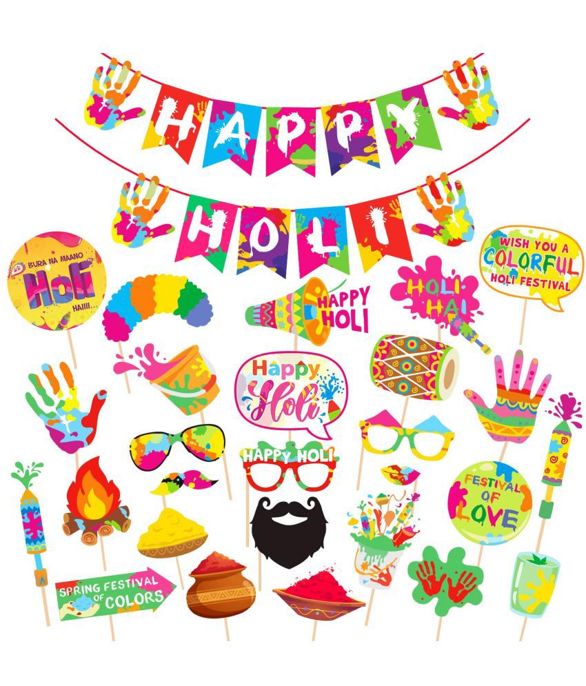     			Zyozi   Happy Holi Decoration Combo Photo Booth Props+1 Set Happy Holi Banner,Holi Decoration Items for Party Holi Decorations, Party Decoration Colourful Banner for Holi Party (Pack of 28)