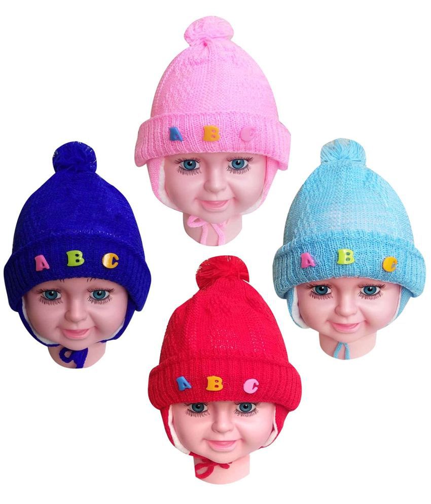 KIDULT Multicolor New Born Baby Infant Kids Accessories Winter Ear Cover Soft Woolen Cap Set Of 4 (Multicolored, 0-6 Months)