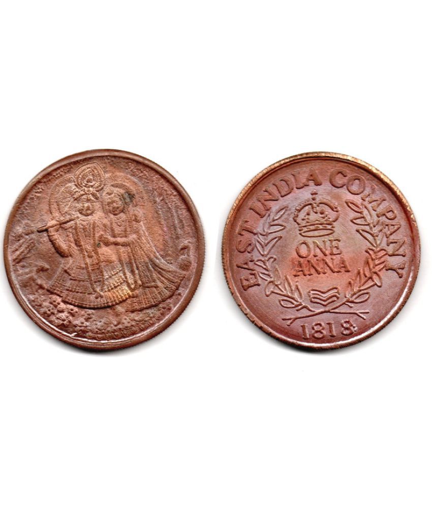     			Nisara Collectibles - One Anna Copper India coin rare. 11B8-Radha Krishna 1818 EIC UKL  Numismatic Coins