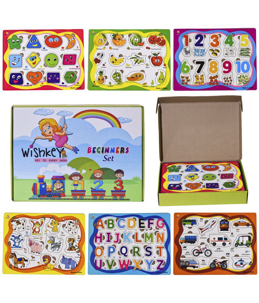 WISHKEY Wooden Educational Colorful Fruits, Numbers, Geometric Shapes,  Animals, Vehicles, Alphabet Puzzle Board for Preschool Toddler Kids 3 Years  & Above (Pack of 6, Multicolor) - Buy WISHKEY Wooden Educational Colorful  Fruits,