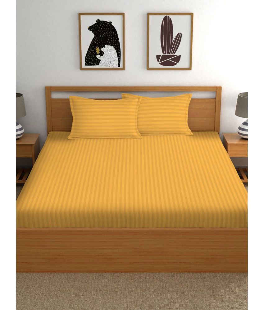     			HOMETALES King Polyester Yellow Solid Satin Stripe Fitted Bedsheet with 2 Pillow Covers