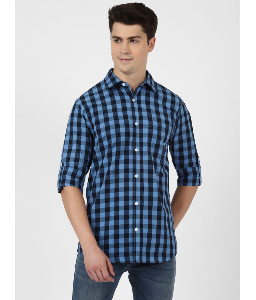 UrbanMark Men 100% Cotton Full Sleeves Regular Fit Gingham Check Casual Shirt-Navy & Light Blue