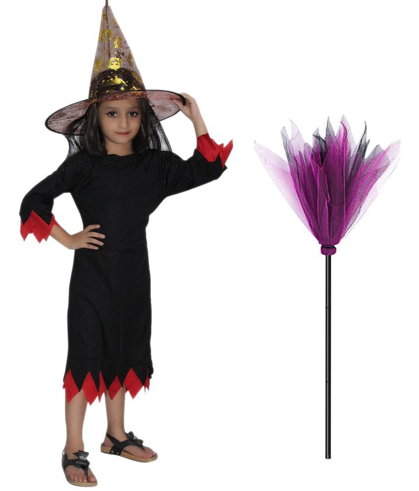     			Kaku Fancy Dresses Halloween Witch Dress With Hat & Broomstick For Girls | Scary Halloween Dress For Boys & Girls | Wizard Horror Dress for Kids | Carnival Cosplay Kids Costume Party Supplies - 3-4 Years
