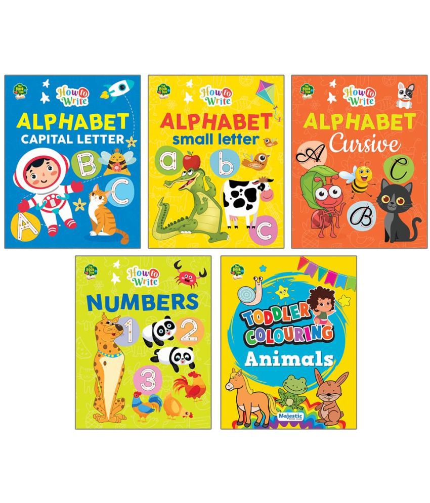     			Writing Practice Books (Set of 5 Books) Fun in Writing English Capital, Small, Cursive letters, Number Writing and Animal Colouring books [Staple Bound]