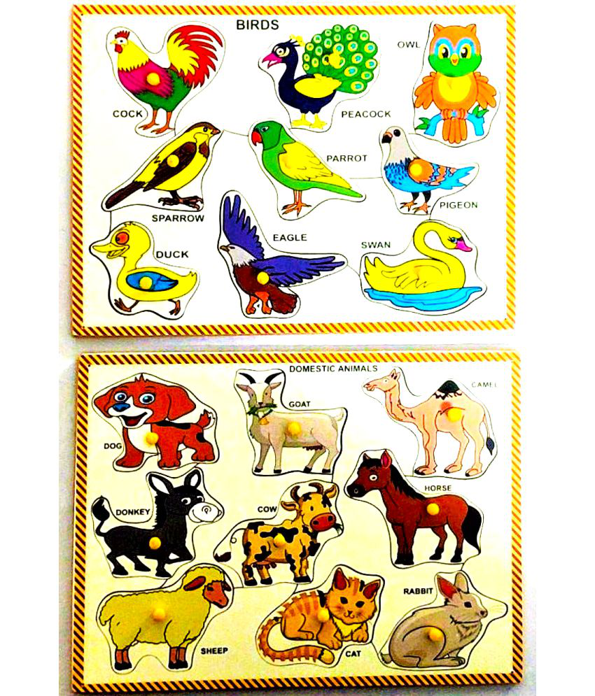     			WOODEN MULTI COLOR 16 SET OF BIRDS AND DOMESTIC ANIMALS PUZZLE BOARD COMBO FOR KIDS PRE PRIMARY EDUCATION