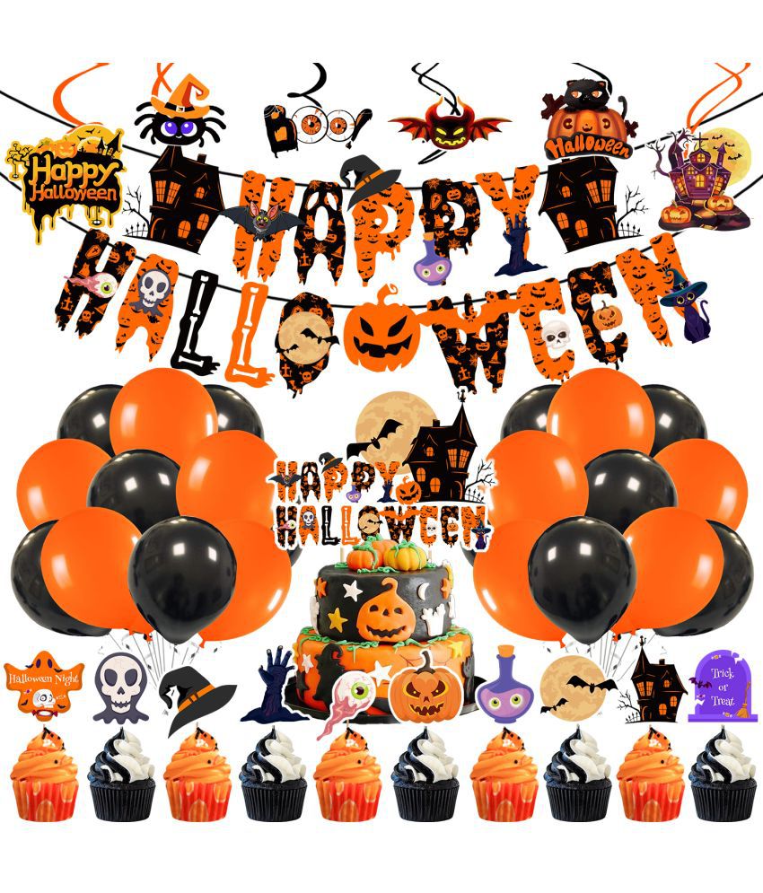     			Zyozi 43 Pcs Halloween Balloons Banner Decorations Sets,Happy Halloween Banner, Black Orange Balloons Set with Cake Swirls And Cup Cake Topper for Halloween Theme