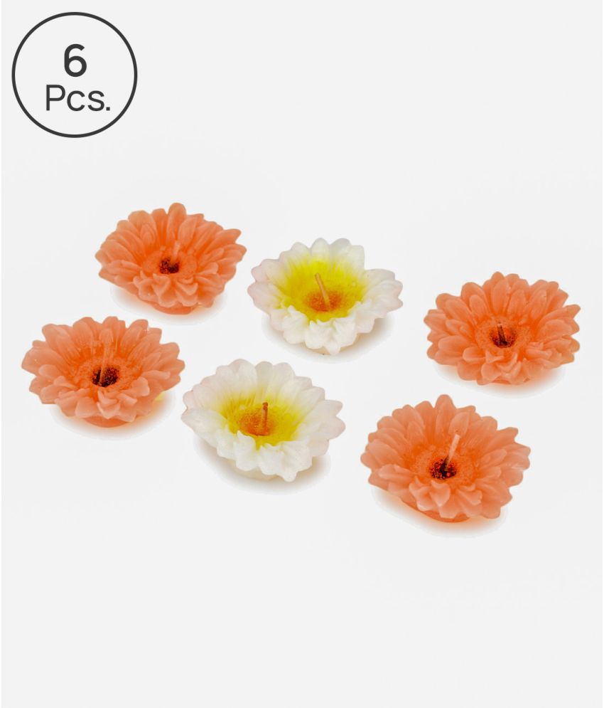     			HOMETALES - Orange & White Unscented Flower Shaped Floating Candles (6 Units) - 2 Hours Burn Time
