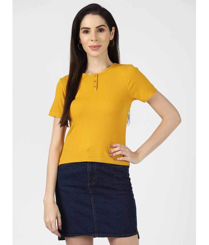     			UrbanMark Women Round Neck Solid Half Sleeves Ribbed Crop T-Shirt with Button Closure - Mustard