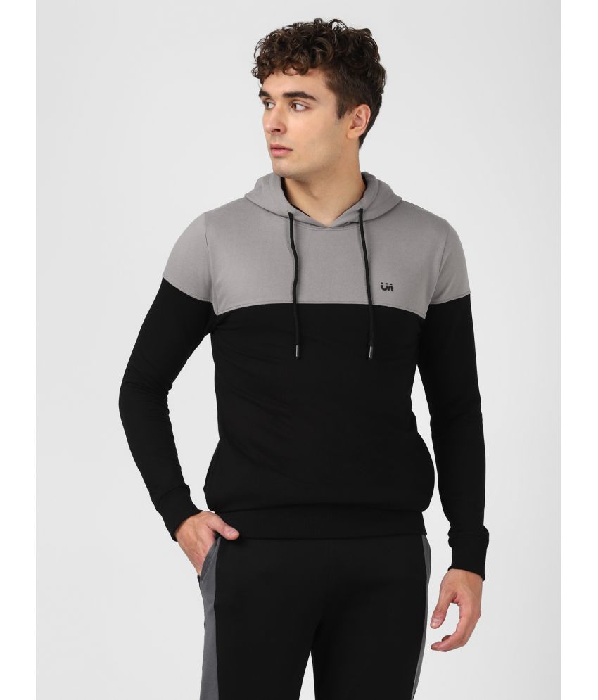 UrbanMark Men Regular Fit Colorblock Full Sleeves Hooded Sweatshirt-Grey & Black