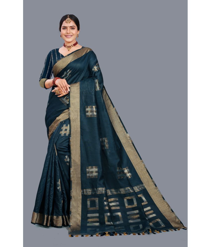     			Kyarn - Blue Cotton Blend Saree With Blouse Piece ( Pack of 1 )