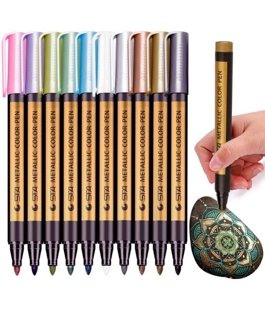     			THR3E STROKES Metallic Markers Pen for Rock Painting - Medium Point, Permanent Glitter Paint Marker for Scrapbooking, Crafts, Photo Album, Glass, DIY Gift Card Making, Christmas Presents for Kids, 10 Colors/Set
