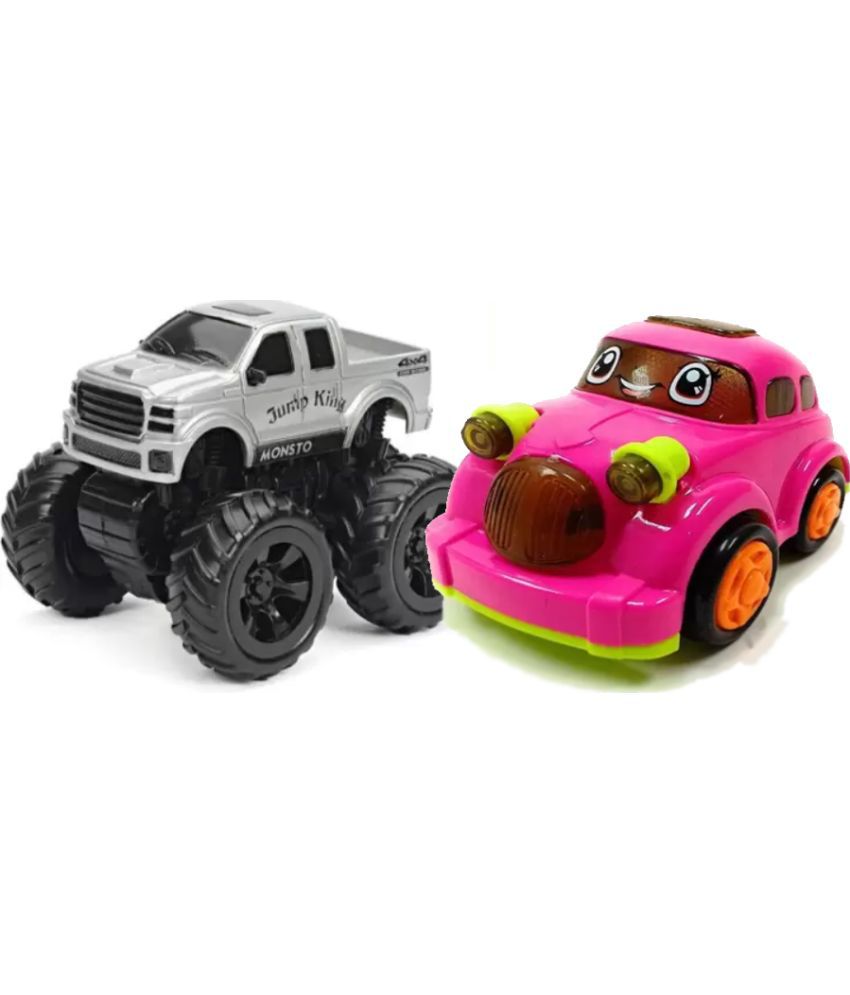 Car Toy Realistic Movements PINK & Mini Friction Powered 4WD Unbreakable Cars for Kids Big Rubber Tires SILVER