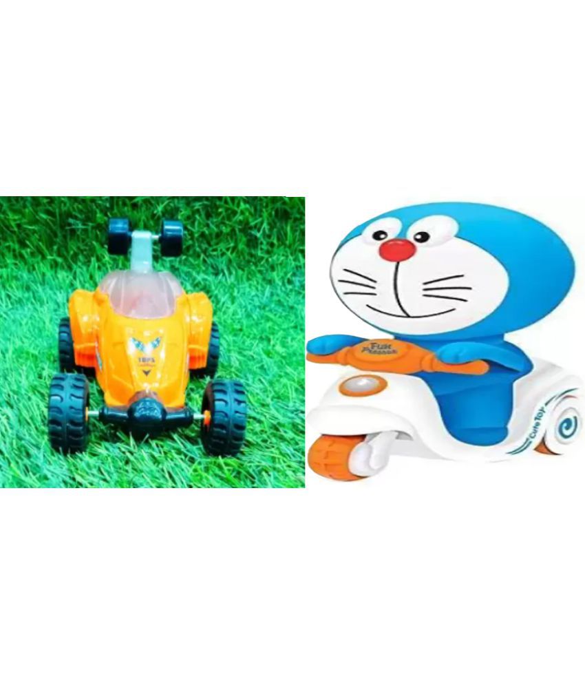 Doraemon Pressure Friction Toddler & Saubhagya Global Stunt Car Vehicle 360°Rotating Rolling  Music Race Car Toys for Kids Gifts Boys orange