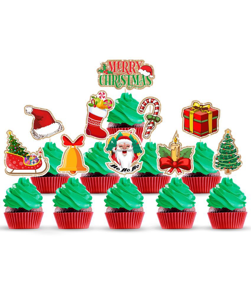     			Zyozi 10 Pieces Large Size Merry Christmas Cake Toppers Xmas Cupcake Topper Picks for Christmas Party Cake Decoration Holiday Supplies (10 Styles)