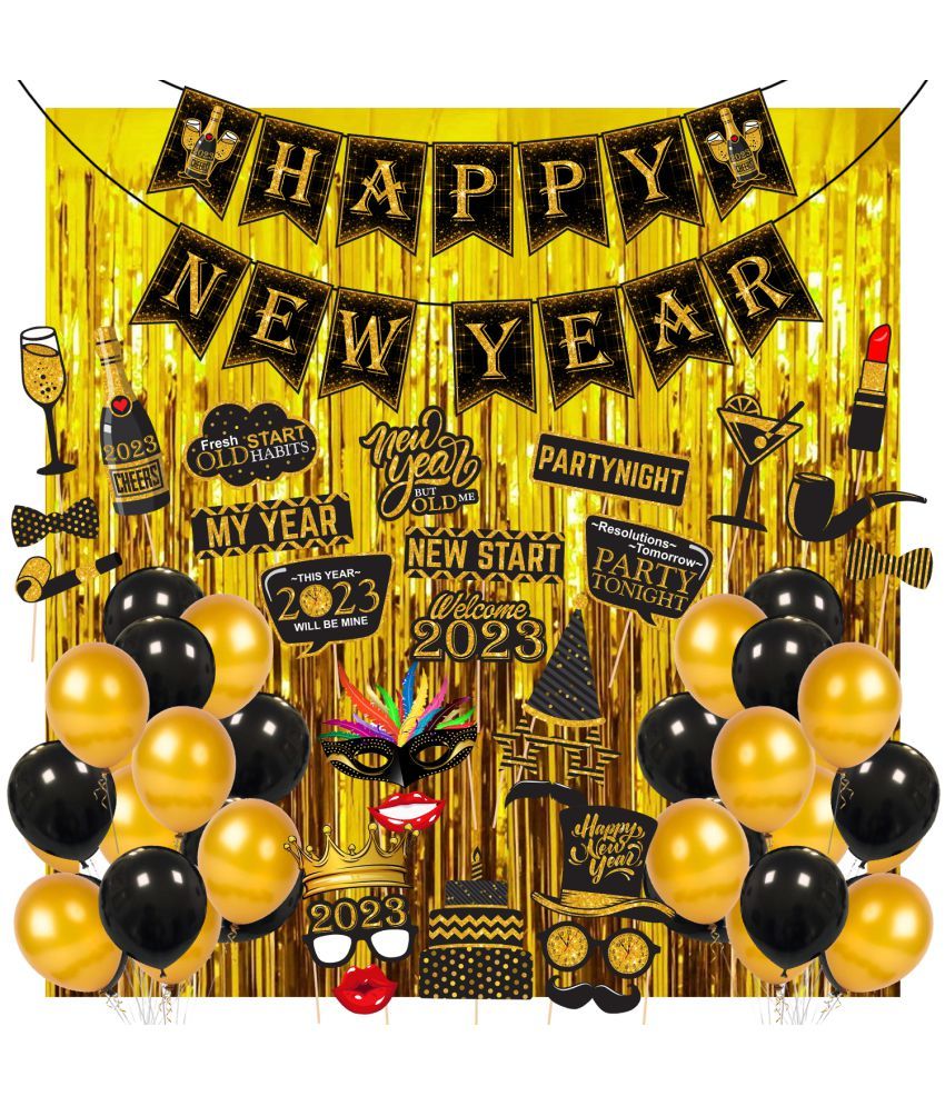     			Zyozi Happy New Year Party Decorations Supplies, 56 pcs New Year Decorations Set - Including Banner, Photo Booth Props, Golden Foil Curtain and Balloons (Set of 56)