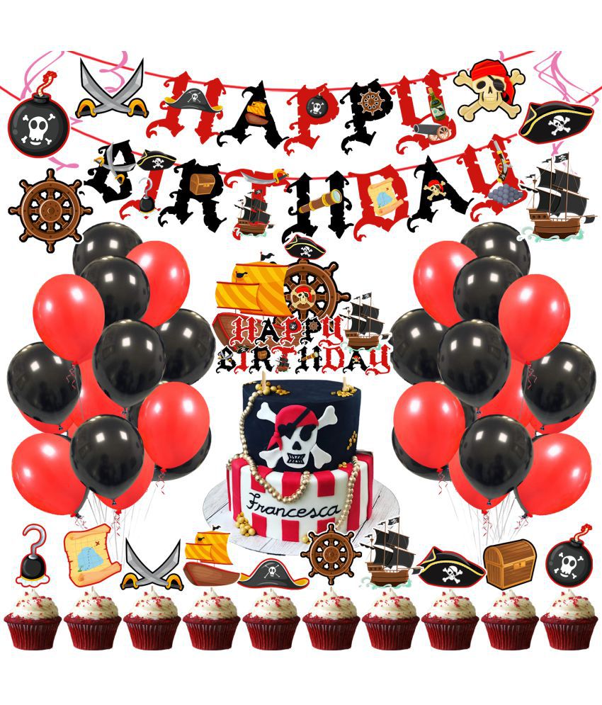     			Zyozi Pirate Birthday Party Decorations Happy Birthday Pirate Theme Party Set Total 43 PCS, Include Happy Birthday Banner Cake Cupcake Toppers Balloons and Hanging Swirls for Kids Boys Birthday