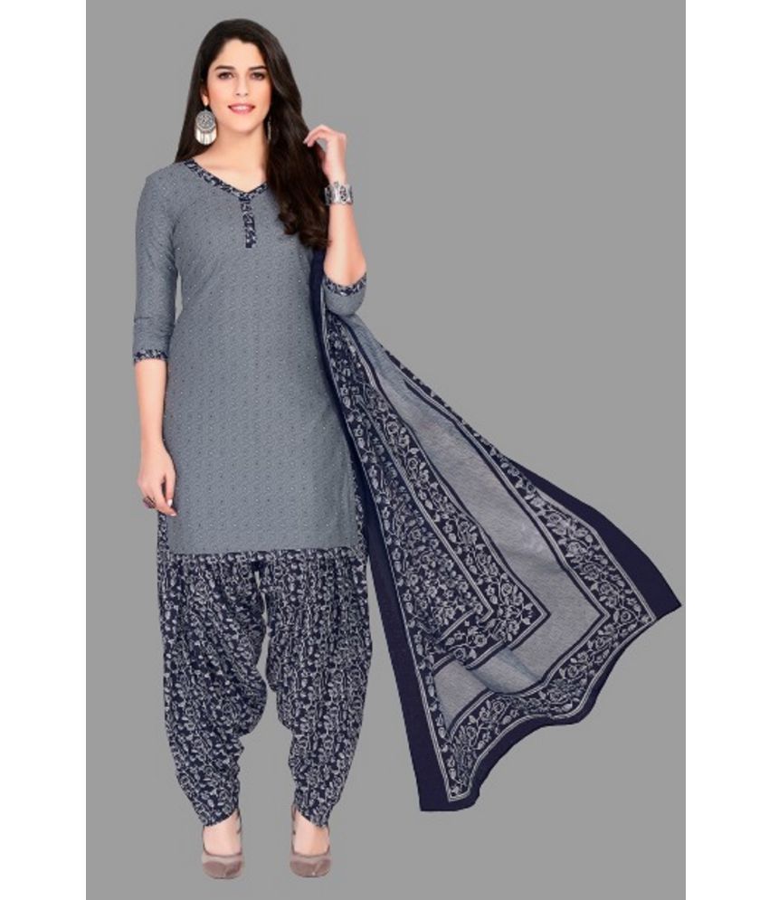     			shree jeenmata collection - Grey Straight Cotton Women's Stitched Salwar Suit ( Pack of 1 )
