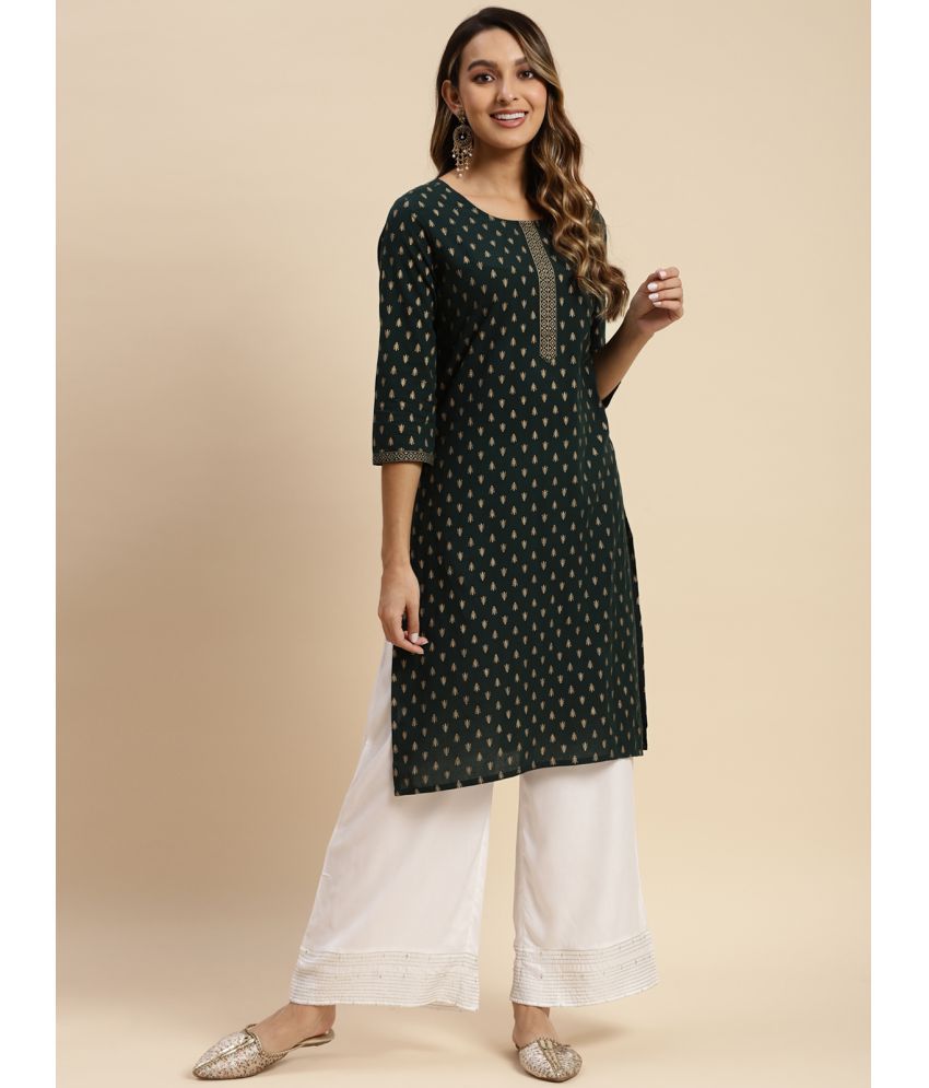     			Rangita Women Cotton All Over Gold Ethnic Printed Knee Length Straight Kurti -Green