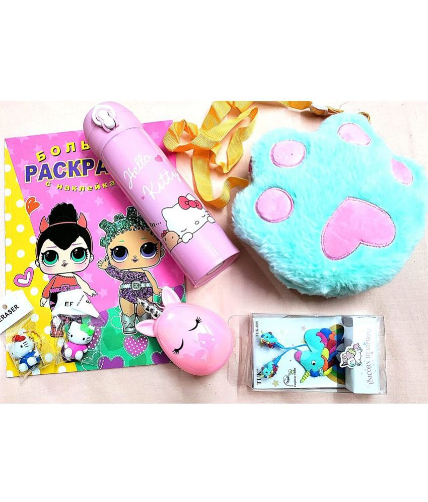     			Kidsaholic Cartoon Printed Birthday Gift Combo Set for Girls, Return Gift Set (1 Color Book, 1 Sipper, 1 paw Shaped Sling Bag, 2 erasers, 1 Comb, 1 Lead)