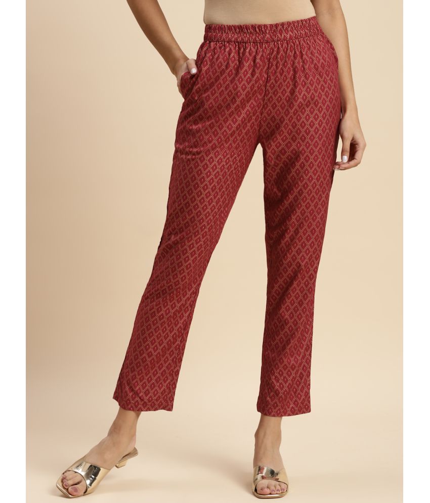     			Rangita Women Rayon Maroon Gold Printed Ankle Length Straight Pant