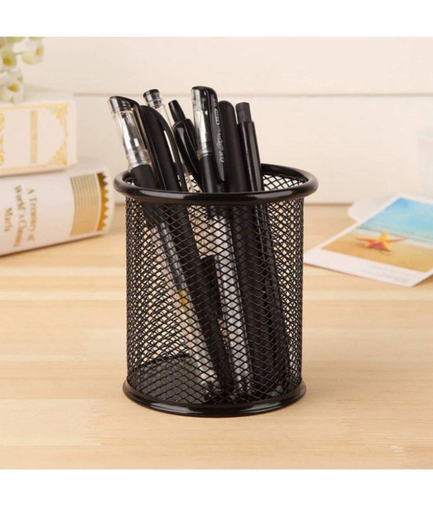     			1 X Compartments Metal Round Mesh Pen Stand Pencil Holder  - Black