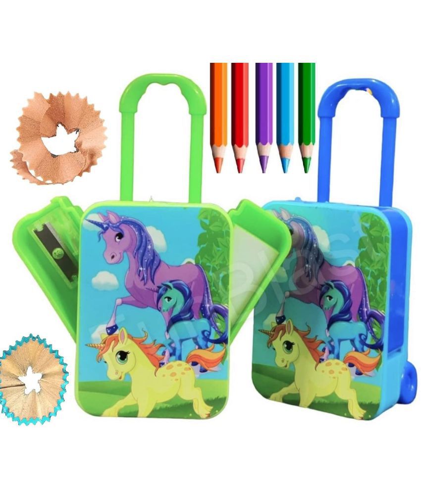     			FunBlast Sharpener for Kids - Trolley Shaped Unicorn Sharpener for Pencil Sharpener for Kids Stylish, Stationary Set for Kids, Stationary Items – Best Birthday Return Gifts (2 Pcs-Green-Blue)