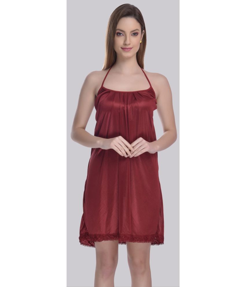     			Madam - Maroon Satin Women's Nightwear Baby Doll Dresses Without Panty ( Pack of 1 )