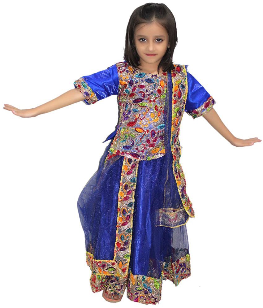     			Kaku Fancy Dresses Indian State Gujrati Dance Embriodered Sherwani Costume- Blue, 7-8 Years, For Girls