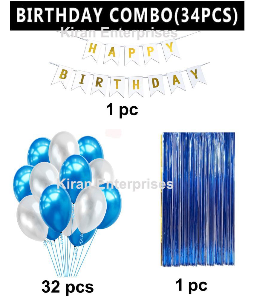     			Kiran Enterprises Happy Birthday Banner ( White ) + 1 Fringe Curtain ( Blue ) + 30 Metallic Balloon ( Blue, Silver )