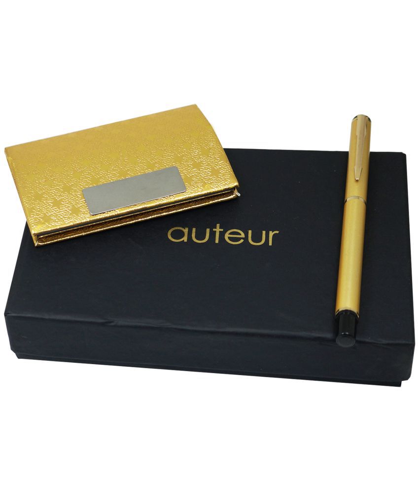     			auteur 2in1 Corporate Gift Set Arrow Clip Golden  (Blue Ink) Ball Pen With Premium RFID safe Golden Pu Leather Card Wallet Magnetic Clouser Ideal for Every Gifting Occasion| Gift For Men|Women|Boss|Friends|Birthday|Anniversary(VCH-31)
