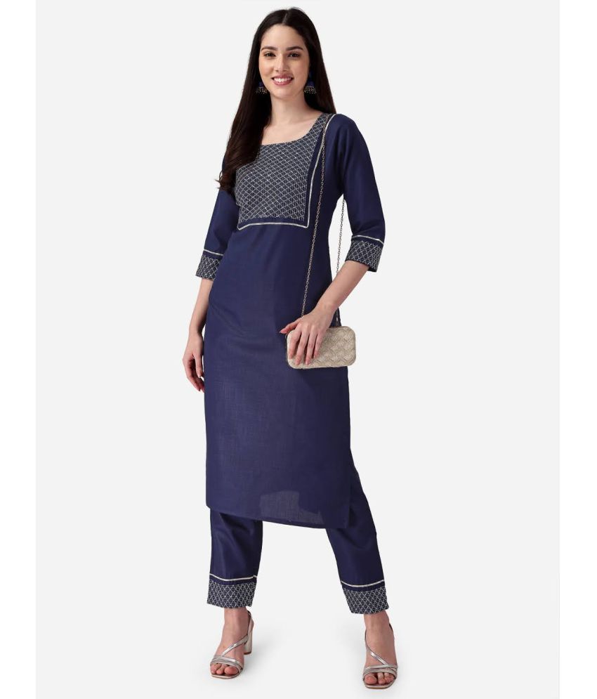     			Style Samsara - Navy Blue Straight Cotton Blend Women's Stitched Salwar Suit ( Pack of 1 )