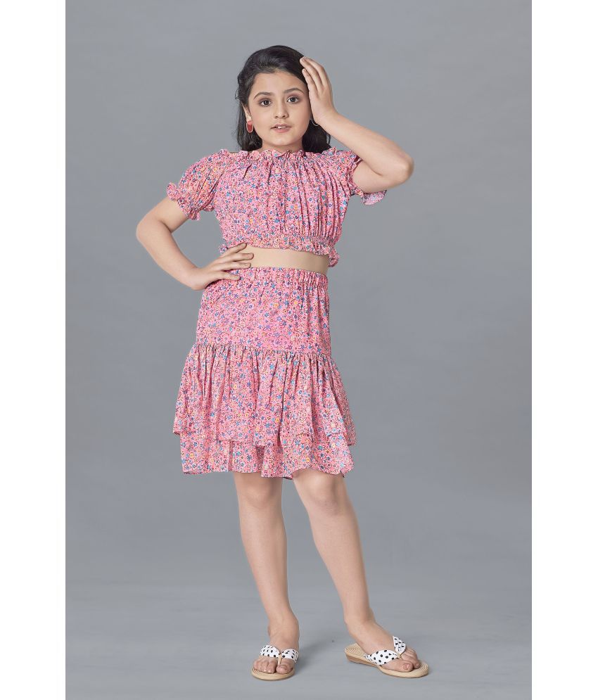     			MIRROW TRADE - PeachPuff Georgette Girls Top With Skirt ( Pack of 1 )