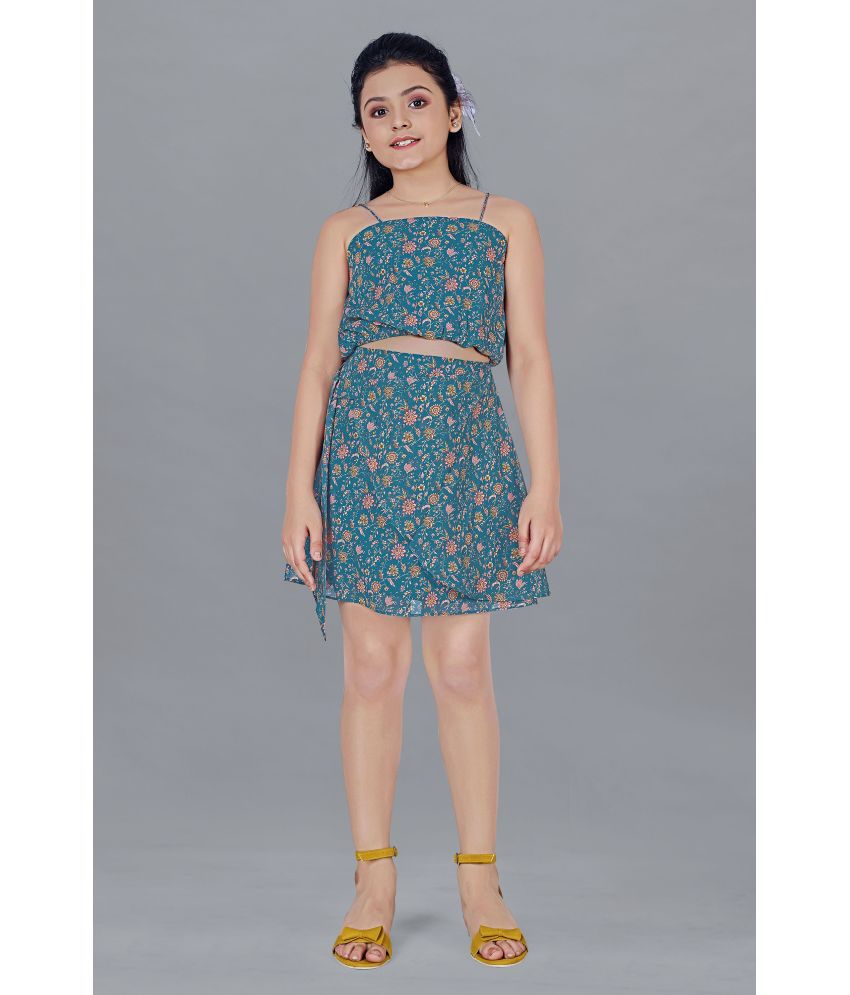     			MIRROW TRADE - Teal Georgette Girls Top With Skirt ( Pack of 1 )