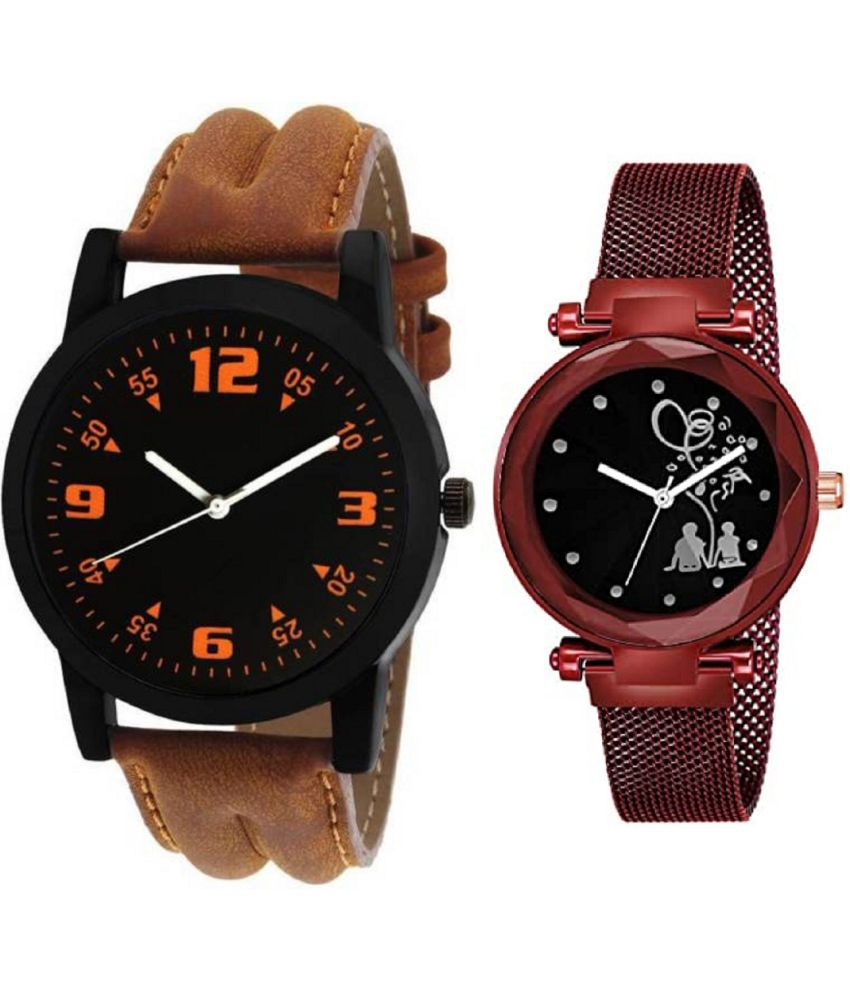     			newmen - Brown Leather Analog Couple's Watch