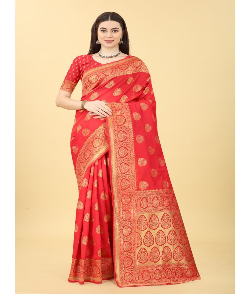     			NENCY FASHION - Red Banarasi Silk Saree With Stitched Blouse ( Pack of 1 )