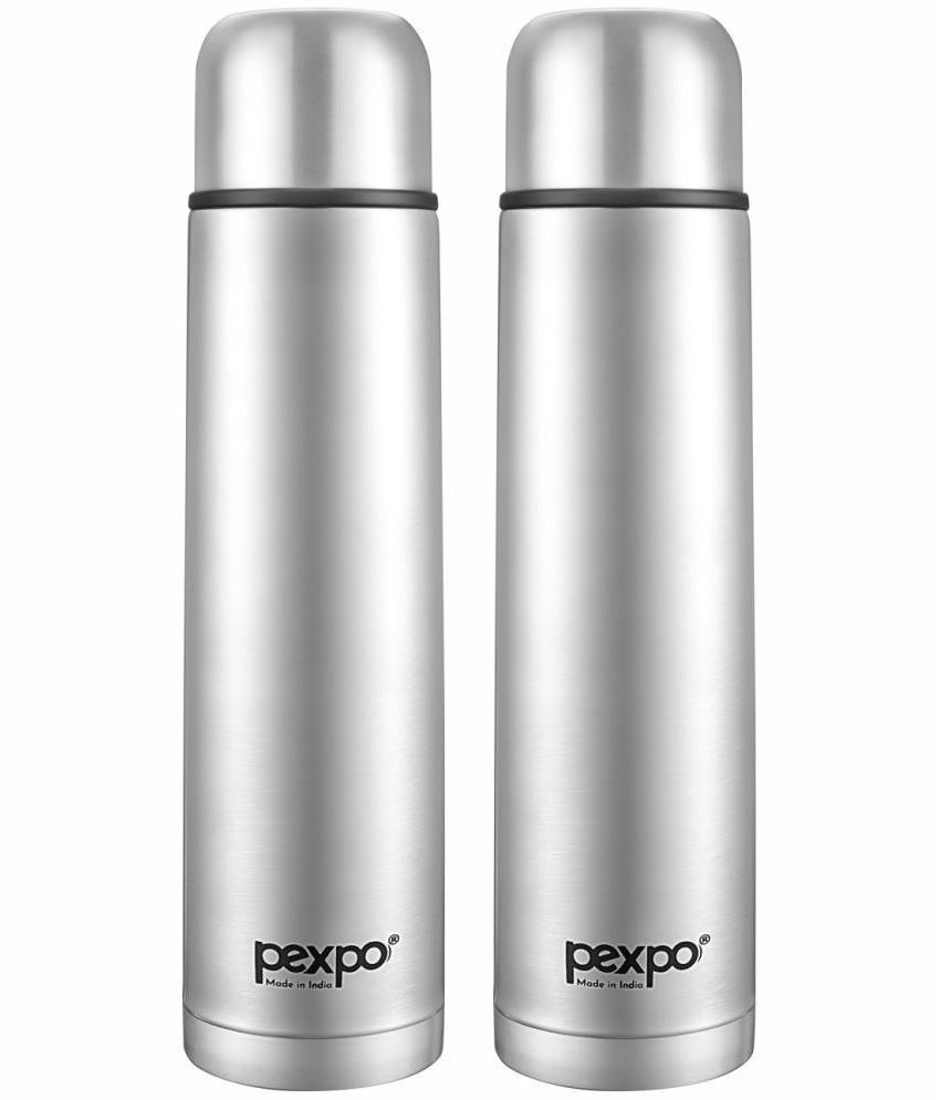     			Pexpo 1000ml 24 Hrs Hot and Cold Flask with Jute-bag, Flexo Vacuum insulated Bottle (Pack of 2, Silver)